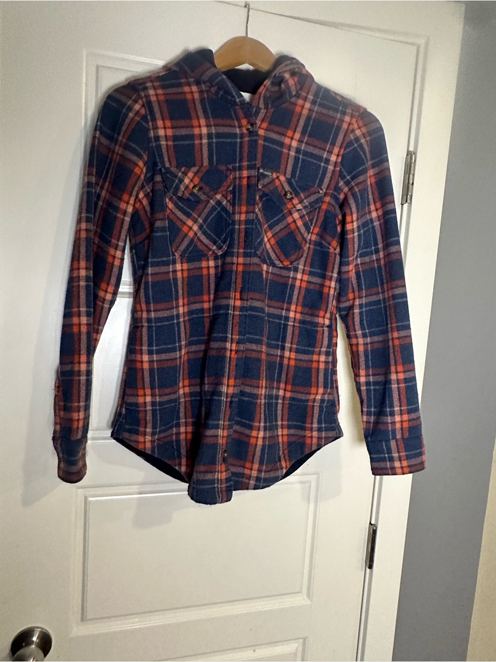 Columbia Navy and Orange Plaid Hooded Button-Down Shirt